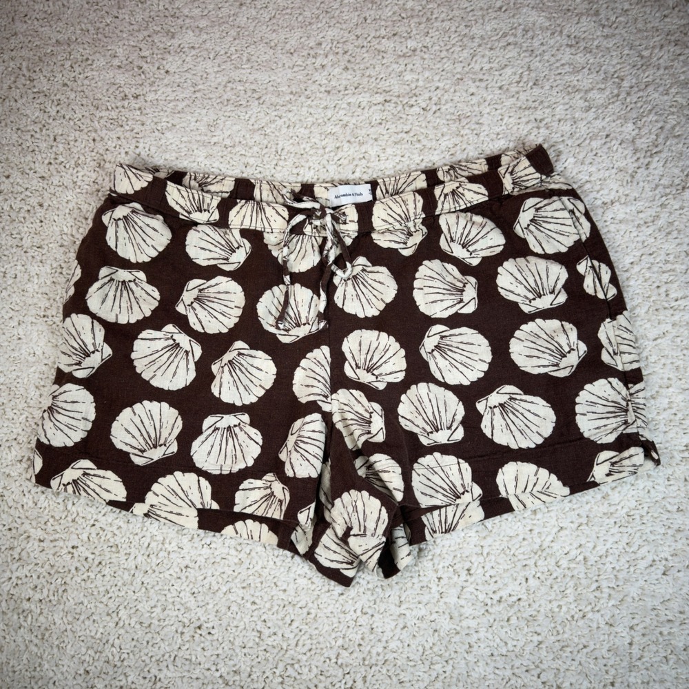Abercrombie & Fitch Shell Print Linen Blend Shorts Womens XL Brown Coastal Beach